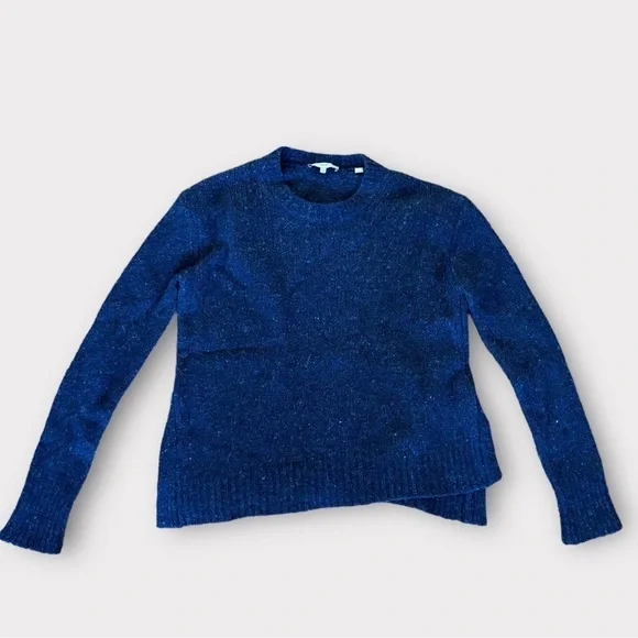 Vince Crew Neck Knit Sweater Asymmetric Split Hem Speckled Marine Navy Blue - Picture 2 of 6